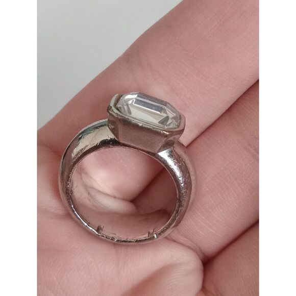 Silver Toned Rectangular Rhinestone Chunky Wide Band Heavyweight Fashion Ring - Picture 4 of 7